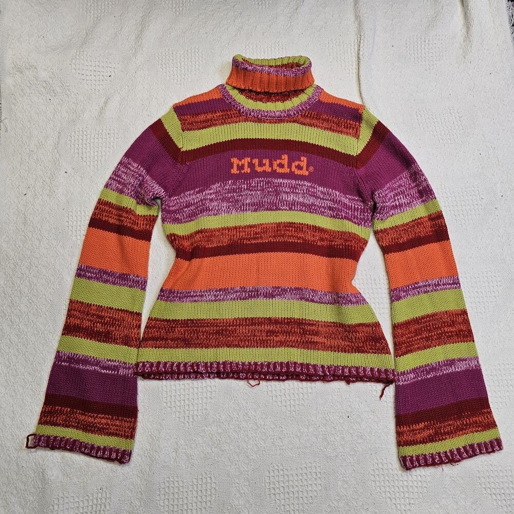 Vintage Mudd Striped Colorful Knit Turtleneck Pullover Sweater Purple Orange L